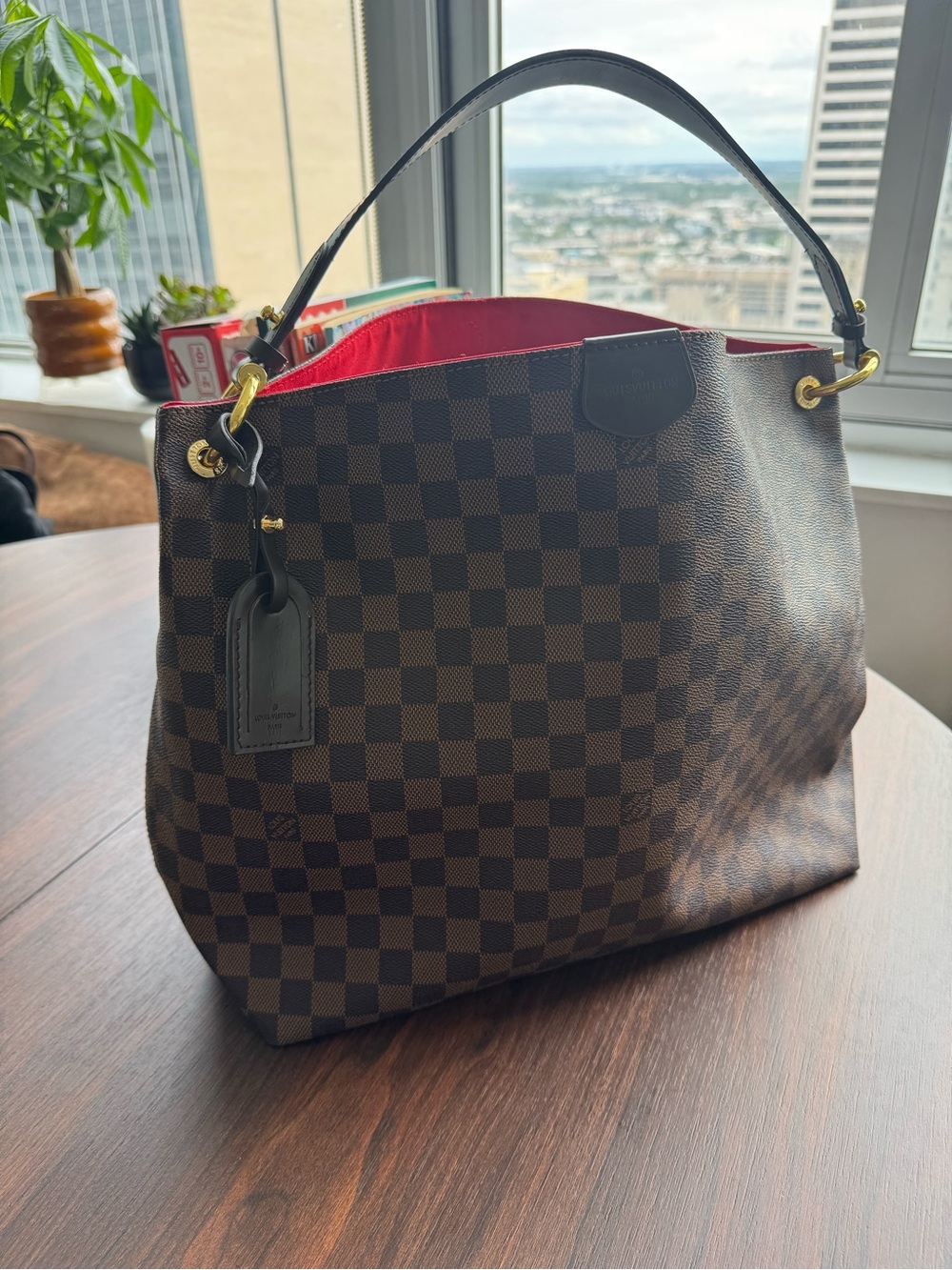 Brown Damier Fashion Shoulder Bag with Red Interior